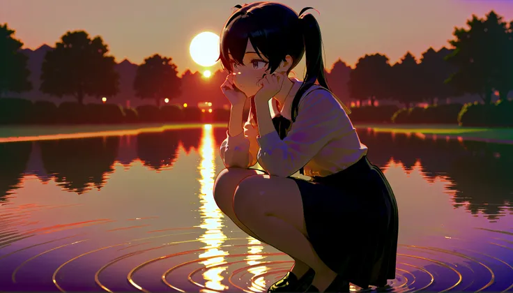 Solo, girl with black hair in twin tails, detailed eyes, changing facial expression, Parisian-style cut-and-sew top and designer skirt, (Crouching on the bank of a pond, touching the water with her fingers to create ripples: 1.0), masterpiece, sunset