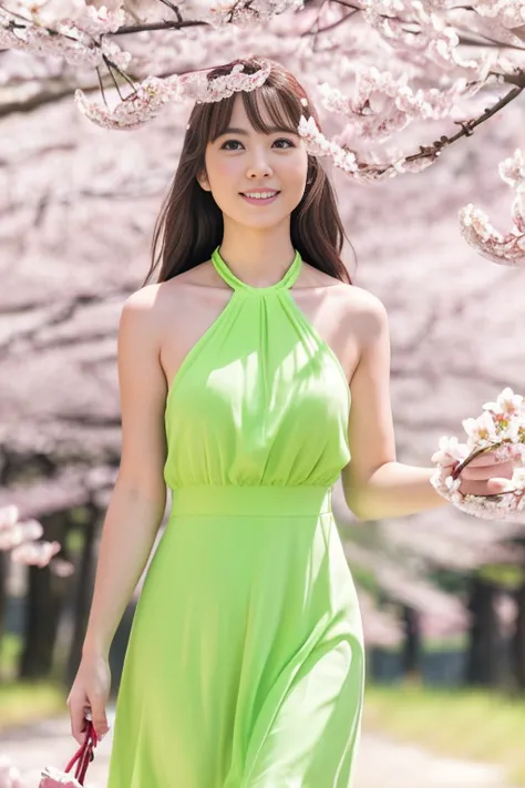 (8k, RAW photo, photorealistic, HQ, masterpiece, Brightly exposed photo), a cute Japanese woman, (glowing eyes), 
(light smile:0.8), dark brown hair, single braid, (lime green dress:1.2, halter neck long skirt dress:1.4, elegant simply dress:1.2), (in A va...