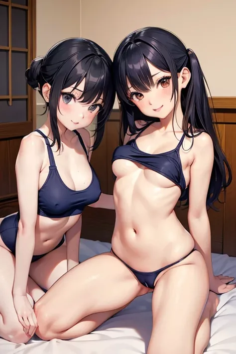 masterpiece, cute girl, japanese,  girl, 
black hair, random hairstyles, 2 people、2 girls, 
bedroom, kneeling, smile, erect nipples, ( small breasts ), 
undressed navy school swimsuit, naked, pussy, (cameltoe), wearing suimsuit until underboobs,
They lie o...