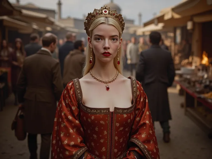 
mature slim  50 years old woman , pale skin, shaggy sharp  cone breasts, wear rich, medieval 14. century aristocrat clothes,   crowded medieval marketplace background