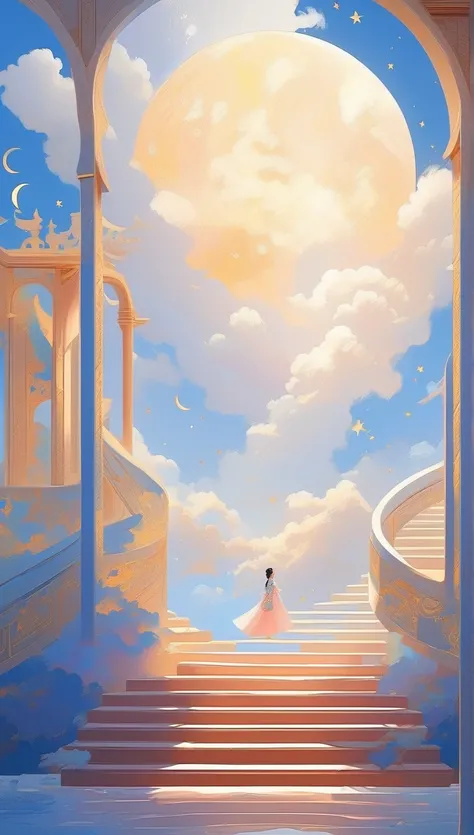 The character in the painting ，A beautiful ethereal landscape, a long white cloud staircase leading to a door in a Quiet blue sky, 蓬鬆柔軟的白雲,crescent moon， Dreamy ,  Extraordinary , ( Best Quality, 4K,【8k, high-resolution, masterpiece :1.2), Very detailed, (...