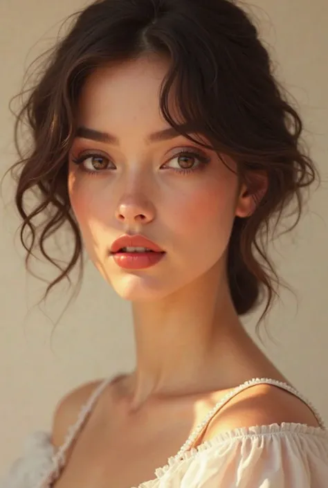  beautiful body, brown eyes short wavy hair, brunette with fair skin 