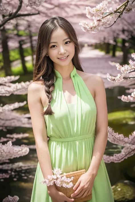 (8k, RAW photo, photorealistic, HQ, masterpiece, Brightly exposed photo), a cute Japanese woman, (glowing eyes), 
(light smile:0.8), dark brown hair, single braid, (lime green dress:1.2, halter neck long skirt dress:1.4, elegant simply dress:1.2), (in A va...