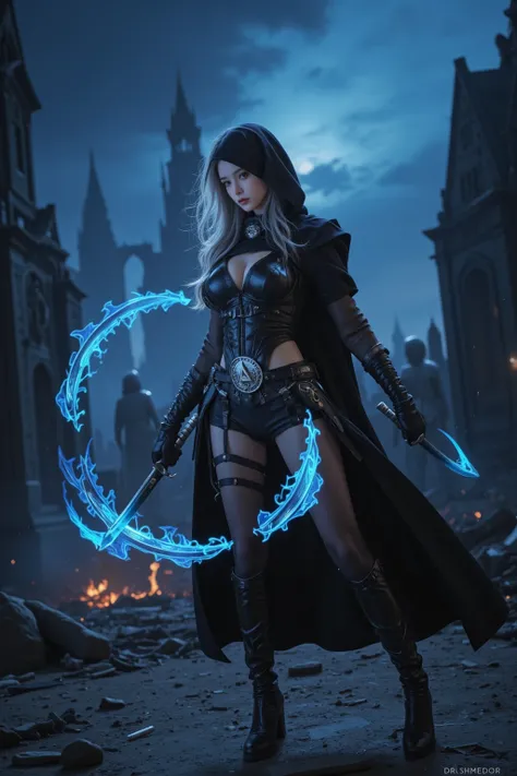 A breathtakingly beautiful female assassin in the dark fantasy world of ‘Elden Ring.’ Her silver-blonde hair flows in the wind, strands catching the eerie glow of blue flames. Her golden eyes, sharp and focused, scan the battlefield. Pale skin, faintly sca...