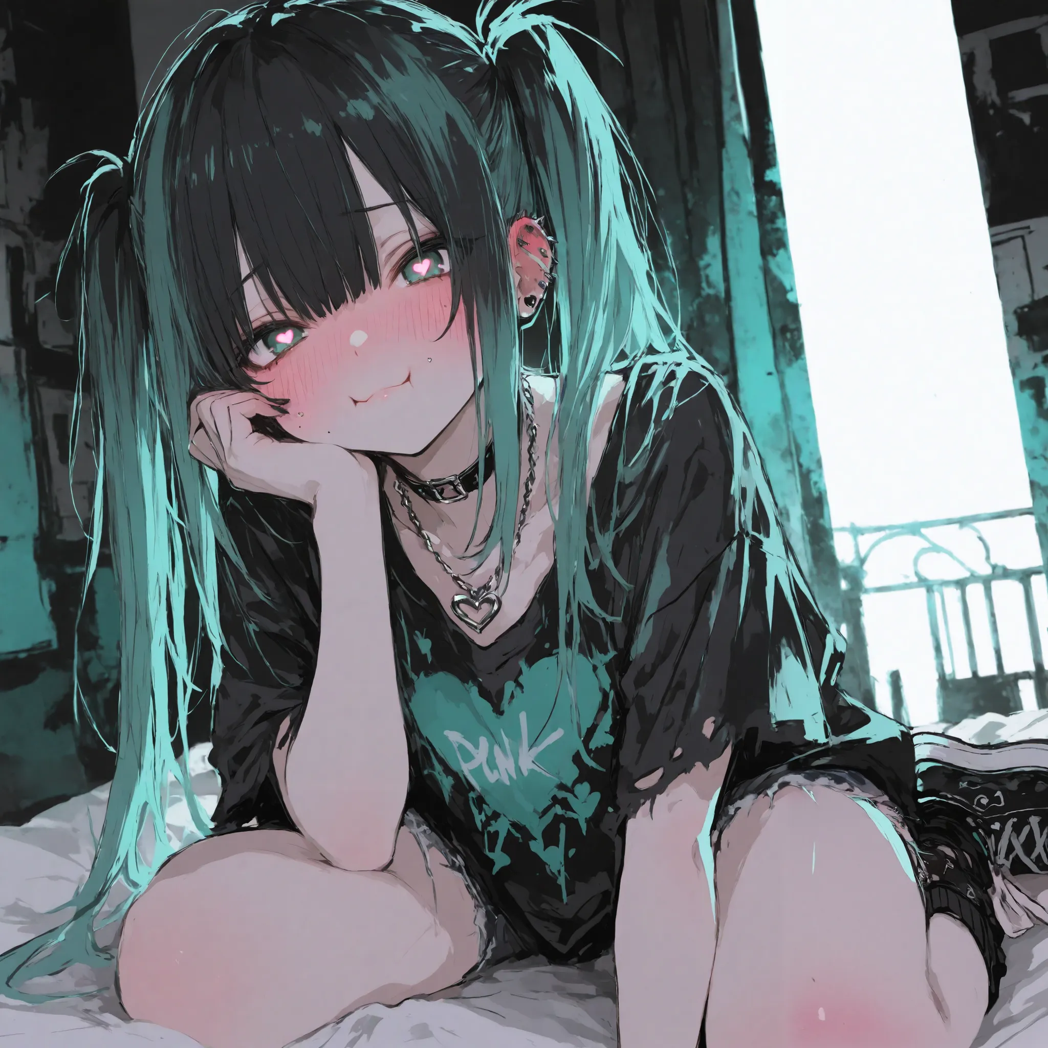 illustration, best quality, dramatic lighting, 00118_illu,r17329_illu,Cute,teal twin-tails, mischievous expression, choker necklace, heart-shaped pupils, full body,piercings, grunge style, black nails, blushing cheeks, ripped t-shirt with heart print, play...