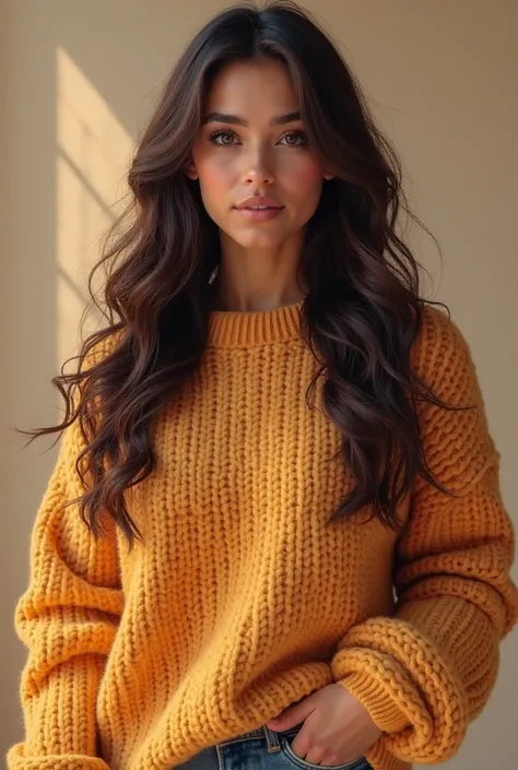 Young Latina in her 20s with long and very wavy hair, Standing up and wearing a sweater