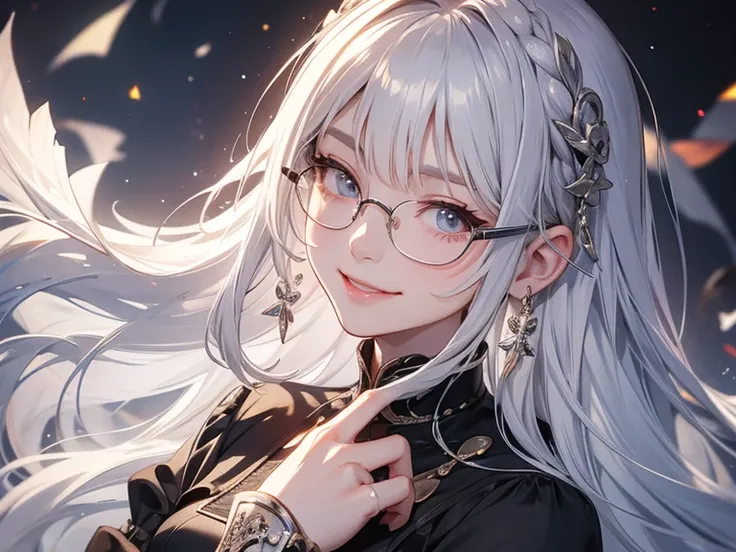  silver haired woman、glasses、smile、 index finger