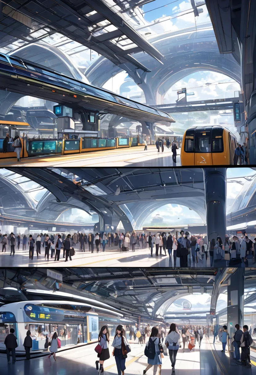 Best Drawn Animation、 in detail 、 HD image 、 high quality 、(( A view of a busy station in the future ))、 There are many people 、 Station Platform、Shun Feng Wind、Near-Future Station 、between real and unreal 、 A View of a Very Improbable World、  Beautiful Ar...