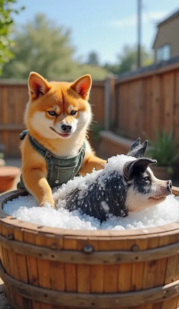 "An orange Shiba Inu dog wearing a small apron, bathing a black-and-white pig in a large wooden tub. The pig is covered in soap bubbles, looking relaxed, while the Shiba Inu scrubs its back with a brush. The scene is set in an outdoor yard with wooden fenc...