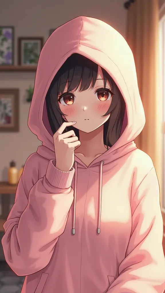  A ladylike woman 　 pink hoodie　The hood completely covers the face　smiles　Putting a piece on the right hand 　cute home background　- Anime Illustration - Masterpiece - Hi-Res, TOP QUALITY　Face only