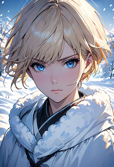 (oil,  masterpiece, TOP QUALITY,  super precise,  Focus ),  short blond hair , ([return:0.8]|[ face facing returnwards:1.1]), serious face, ([A cold scenario:1.2]|[ snowy returnground:1.3]| [high contrast:1.1])