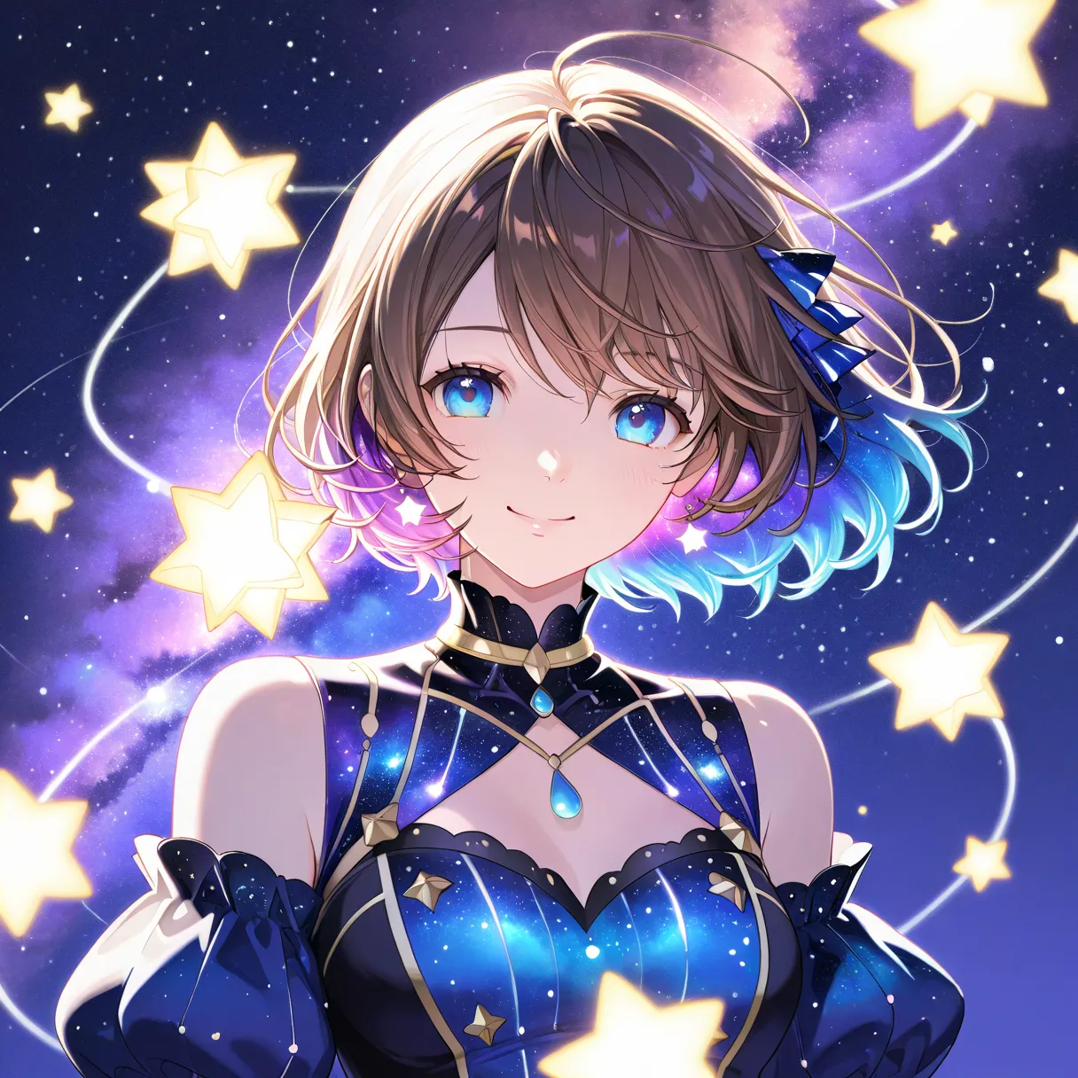 a young girl enjoying a dreamlike time in a galaxy, surrounded by stars, with warm light shining down on her, the background featuring a colorful galaxy and starry sky, flying stars around her, delicate facial features, an air of playfulness