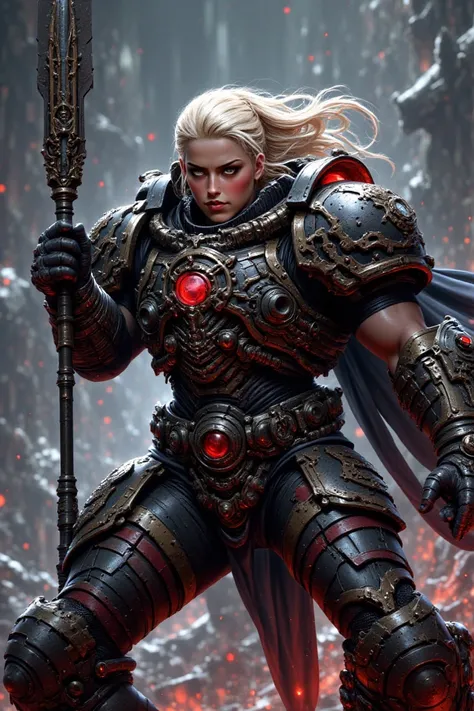 AMBER HEARD, braids wearing Gears of War armor and a spear