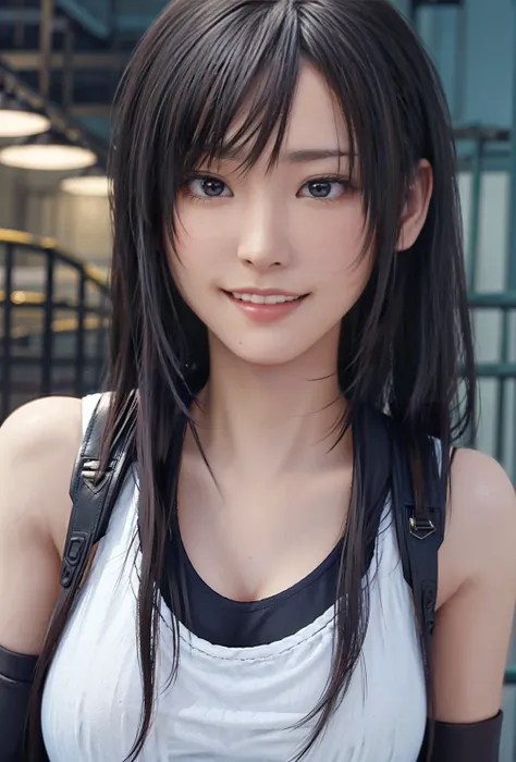 (, blush, 20yo, narrow eyes) (Photorealistic: 1.4), Solo, Top Quality, Very Delicate and Beautiful, High Definition, 1girl, tifa_lockhart, Smile, Cowboy Shot, Suspenders, Low Rise, Mini Skirt, white Tank Top, Tense Shirt, Black Hair, Long Hair, Elbow Glove...