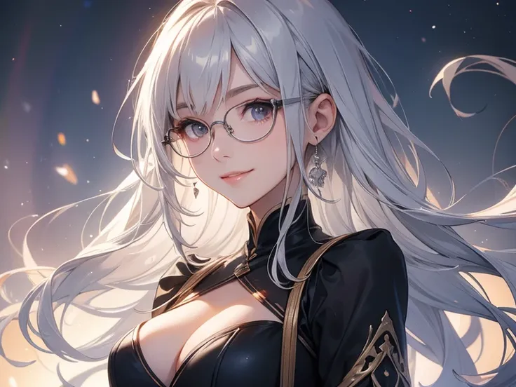  silver haired woman、glasses、smile、arms extended diagonally behind