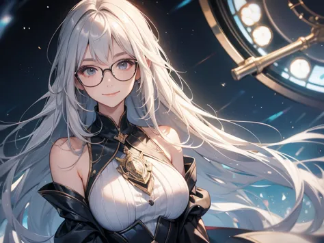  silver haired woman、glasses、smile、arms extended diagonally behind