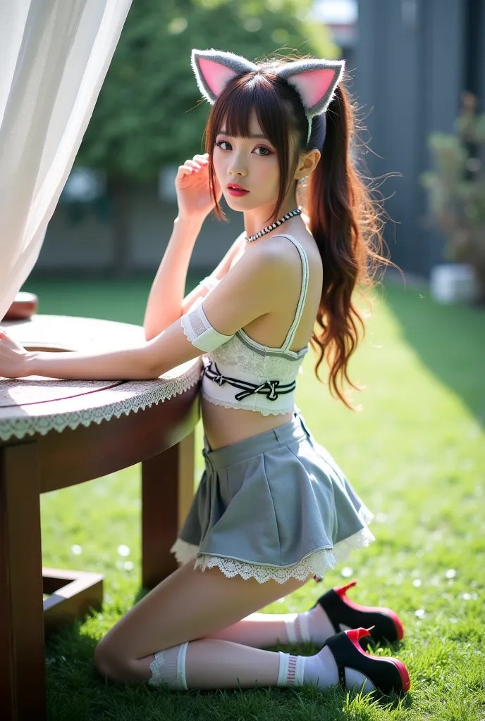 Beautiful Asian woman, 18 years.
Open chest, no buttoned shirt, Very large chest, size 45 inches,

. A girl in a cosplay costume resembling a mad-fantasy or gothic Lolita style, she wears a dress with elegant details. A white and black outfit with lace and...