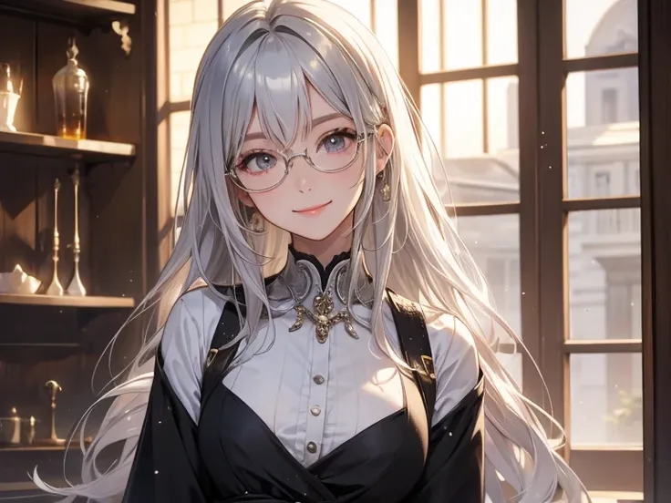  silver haired woman、glasses、smile、indoor