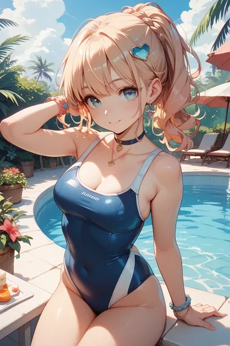 My female friend in a plump swimsuit is cute