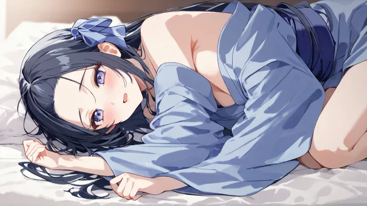  long hair, (  black hair) , bangs、Forehead , 1 girl, solo、 blue hair ribbon 、 blue kimono、Slightly Bare 、 Costume、high quality、cute，orgasm、 on the bed