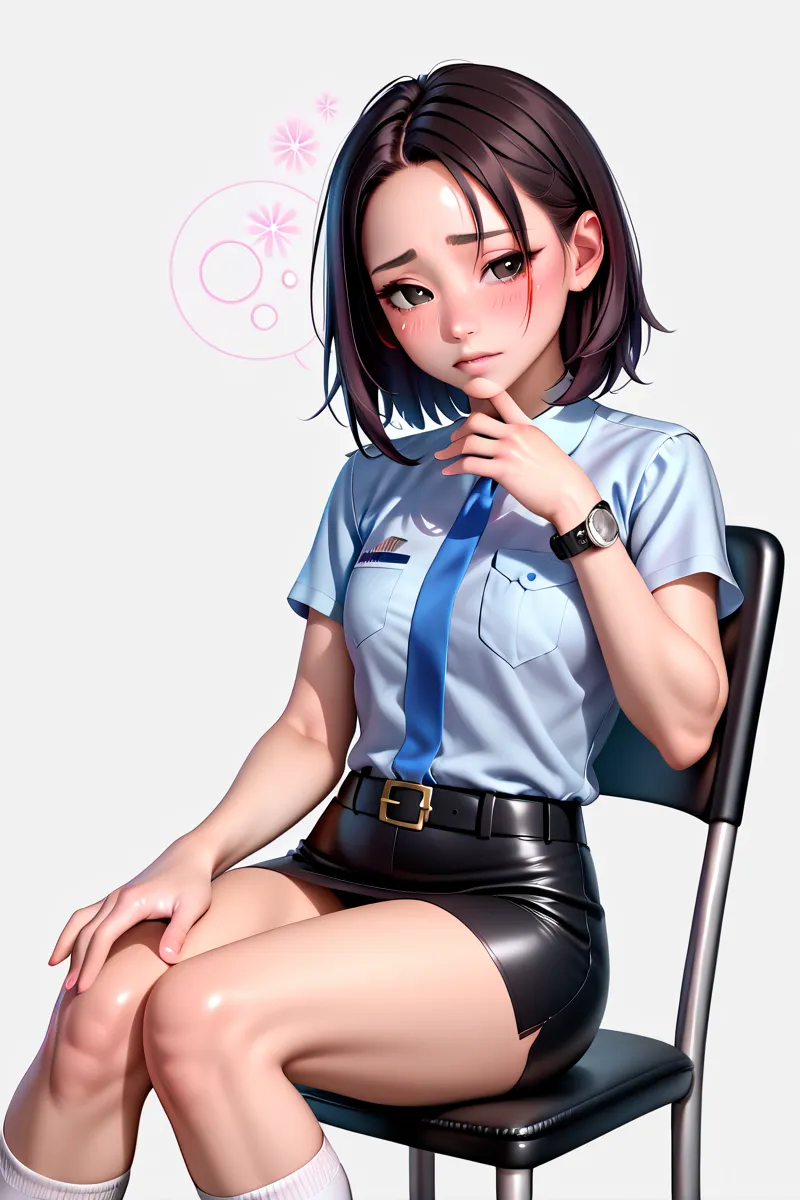  Beautiful Japanese Women,( 1girl ),( slender body:1.0),( small tits:1.0),(white collared short sleeve police shirt:1.2),(black super mini police skirt:1.2),(black leather equipped police belt:1.5),real skin ,small breasts, black hair, Super Detailed Black...