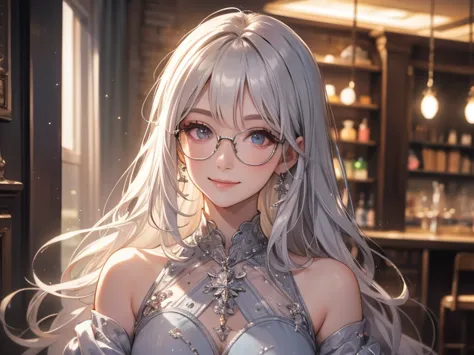  silver haired woman、glasses、smile、indoor、 Gameplay 