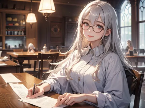  silver haired woman、glasses、smile、indoor、 Gameplay 