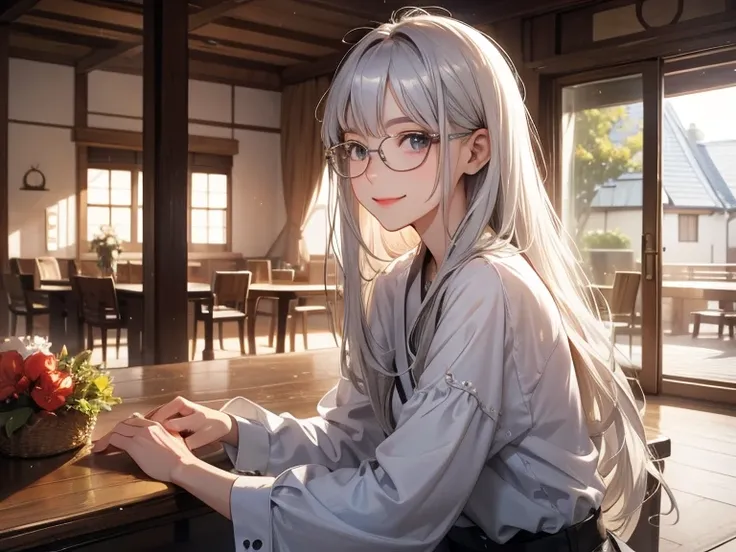  silver haired woman、glasses、smile、indoor、Holiday House