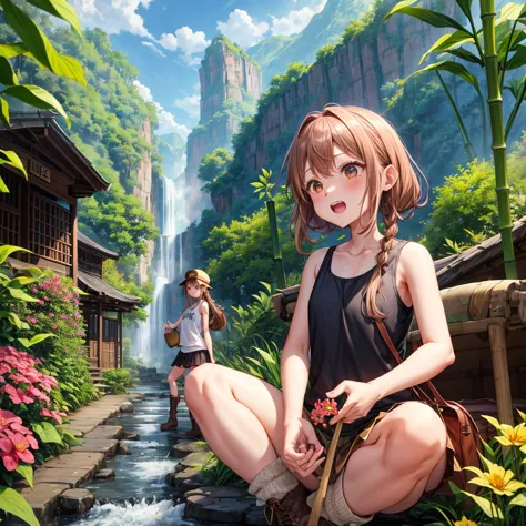 pink brown brown gold hair、 eye、  Has hair tied  、Two cute people、 Check Mini Skirt、  black t-shirt、 Light clothing、 tank top、 camisole、high socks、 Boots、 teeth inside、  The Road Is Crooked 、Mountain々、Stick together  、 bamboo forest、 chest pocket  、rock sa...