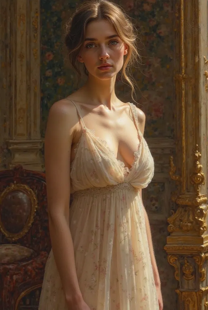  A painting designed in the style of Raphael , a beautiful Caucasian woman with big breasts dressed in a transparent dress.