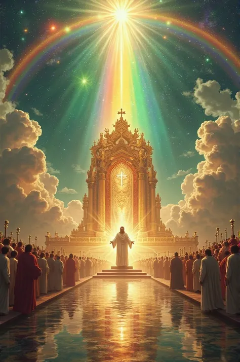 Heaven in John's Vision ( Apocalypse):**

1. **Celestial Throne**:  in the center, There's a majestic throne, shining like precious stones (jaspe e sardônio). Rays of light in shades of green, red and gold emanate from the throne,  creating a divine and su...