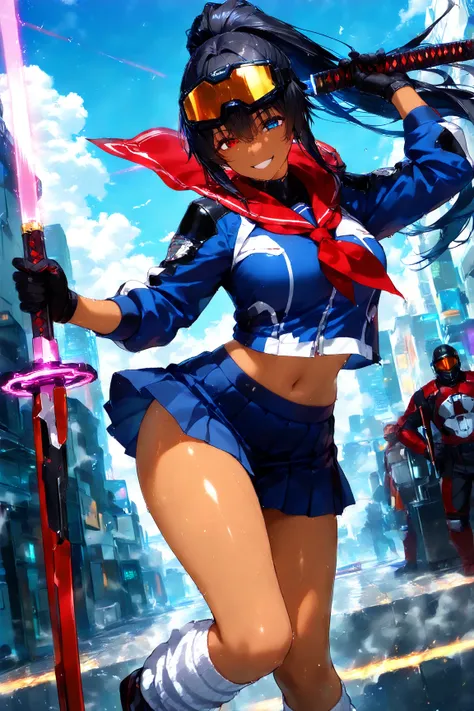 score_9, score_8_up, score_7_up, score_6_up, score_5_up, score_4_up,anime artwork masterpiece,best quality, unreal engine, ultra res, extremely detailed, One Girl,black hair,high ponytail hair,heterochromia,,tan skin,soldier goggles on head,blue sailor sui...