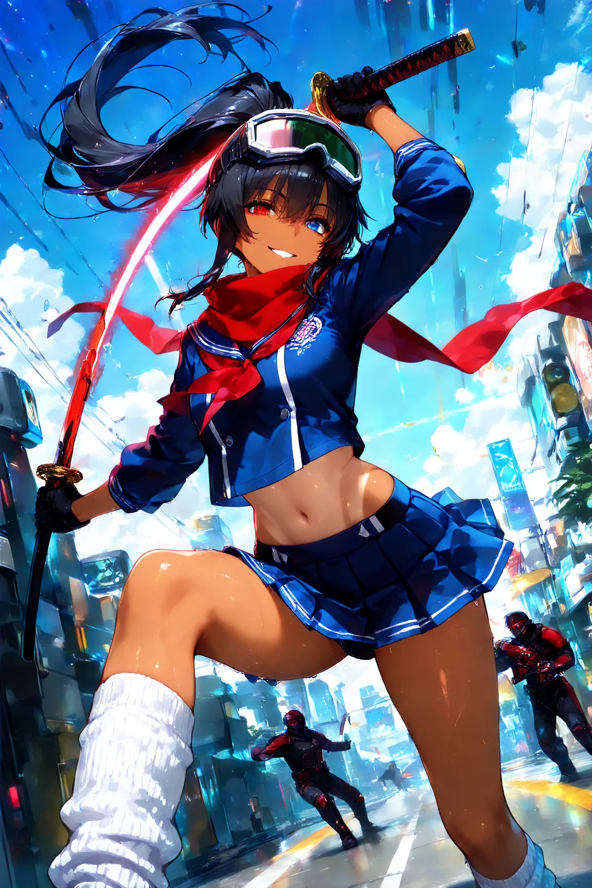 score_9, score_8_up, score_7_up, score_6_up, score_5_up, score_4_up,anime artwork masterpiece,best quality, unreal engine, ultra res, extremely detailed, One Girl,black hair,high ponytail hair,heterochromia,,tan skin,soldier goggles on head,blue sailor sui...