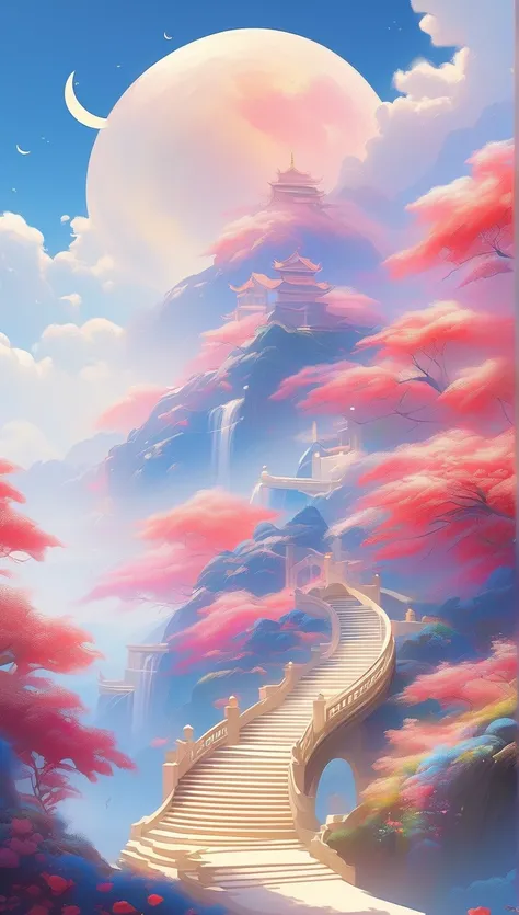 The character in the painting ，A beautiful ethereal landscape, a long white cloud staircase leading to a door in a Quiet blue sky, 蓬鬆柔軟的白雲,crescent moon， Dreamy ,  Extraordinary , ( Best Quality, 4K,【8k, high-resolution, masterpiece :1.2), Very detailed, (...