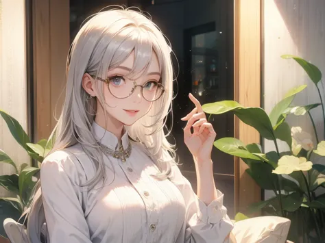  silver haired woman、glasses、smile、indoor