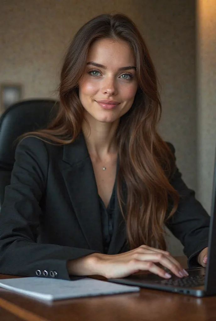 a beautiful girl with long brown hair , detailed eyes, nose, and lips,   wearing professional clothing  ,  sitting in her office , using your computer,  (best quality,4K,8k, highres, masterpiece:1.2), ultra-detailed,(Realistic,photoRealistic,photo-Realisti...