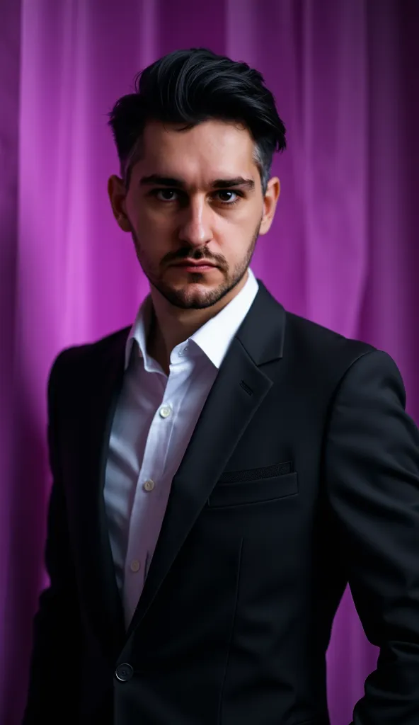  character from the front,  with elegant suit , on an elegant purple background with elements of luxury surrounding it,  conveying elegance , important dark hair (divided in half, short), Keep your hair tied to your head, corporate style image, Marketing f...