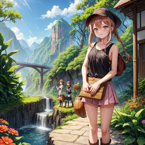 pink brown brown gold hair、 eye、  Has hair tied  、Two cute people、 Check Mini Skirt、  black t-shirt、 Light clothing、 tank top、 camisole、high socks、 Boots、 teeth inside、  The Road Is Crooked 、Mountain々、Stick together  、 bamboo forest、 chest pocket  、rock sa...