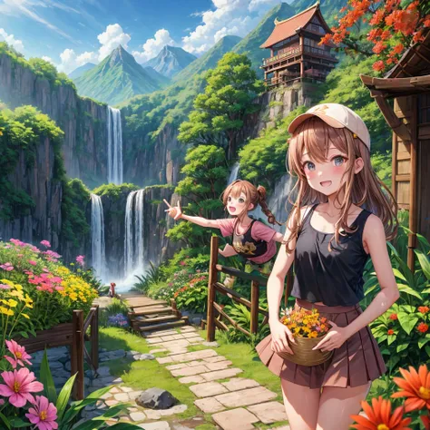 pink brown brown gold hair、 eye、  Has hair tied  、Two cute people、 Check Mini Skirt、  black t-shirt、 Light clothing、 tank top、 camisole、high socks、 Boots、 teeth inside、  The Road Is Crooked 、Mountain々、Stick together  、 bamboo forest、 chest pocket  、rock sa...