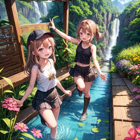 pink brown brown gold hair、 eye、  Has hair tied  、Two cute people、 Check Mini Skirt、  black t-shirt、 Light clothing、 tank top、 camisole、high socks、 Boots、 teeth inside、  The Road Is Crooked 、Mountain々、Stick together  、 bamboo forest、 chest pocket  、rock sa...