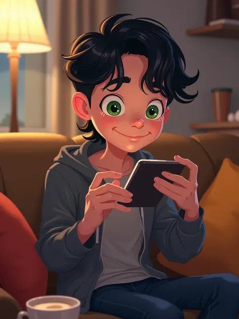 ( Cartoon style ) A young white man with dyed black hair down to his neck and green eyes is sitting on a couch in his cozy home. He is holding a cell phone and looking at the screen with interest. The surroundings are softly lit, and a cup of coffee or a g...