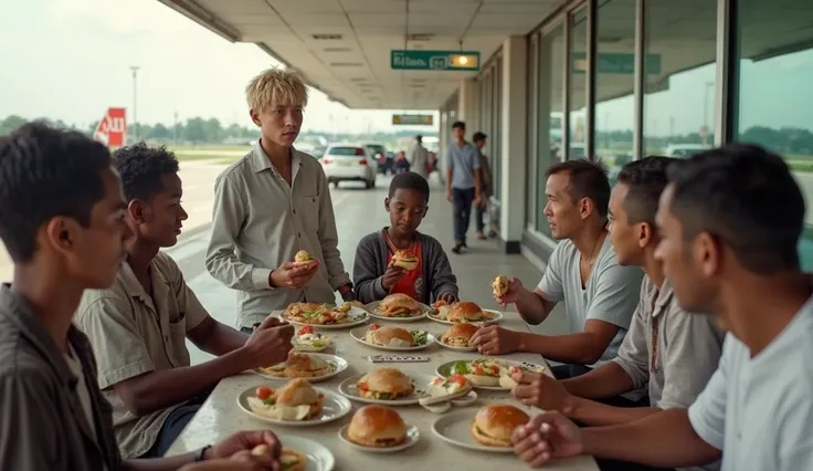 An  boy with blonde hair is selling food to taxi drivers, with the products displayed on a table used for playing dominoes. In the background, there are concrete benches and an airport. Alongside him is another boy, , with darker skin, embodying a South Am...