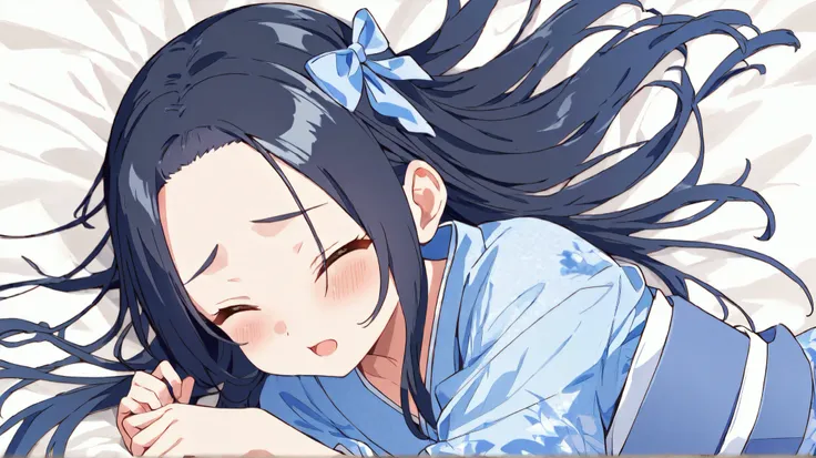  long hair, (  black hair) , bangs、Forehead , 1 girl, solo、 blue hair ribbon 、 blue kimono、Slightly Bare 、 Costume、high quality、cute，orgasm、 on the bed