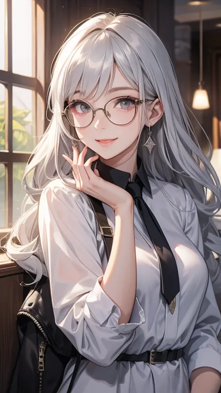  silver haired woman、glasses、smile、indoor