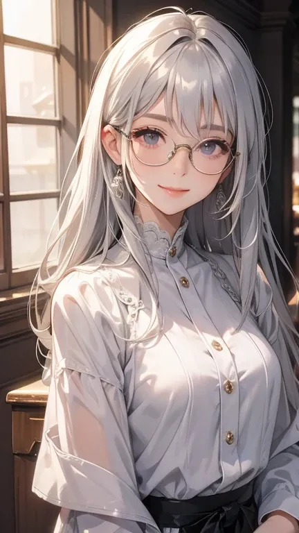  silver haired woman、glasses、smile、indoor