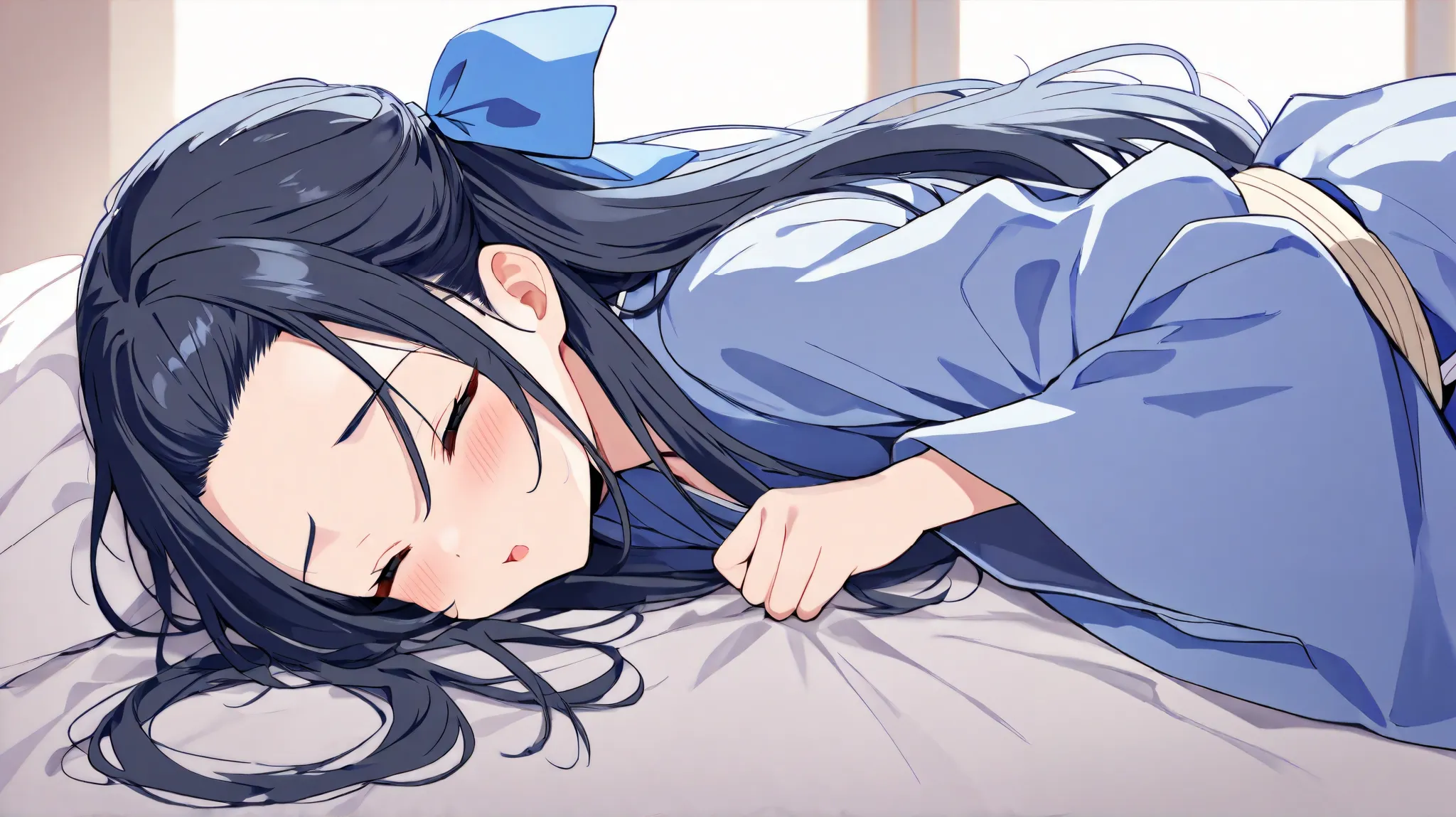  long hair, (  black hair) , bangs、Forehead , 1 girl, solo、 blue hair ribbon 、 blue kimono、Slightly Bare 、 Costume、high quality、cute，orgasm、 on the bed