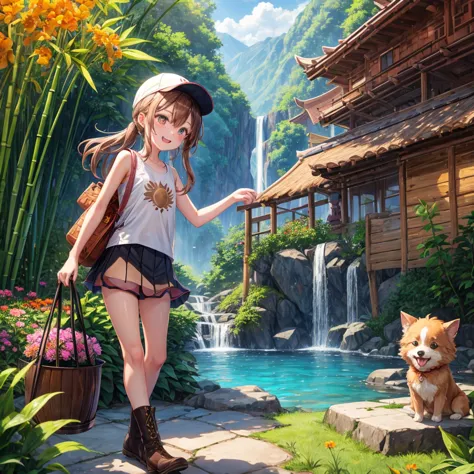 pink brown brown gold hair、 eye、  Has hair tied  、Two cute people、 Check Mini Skirt、  black t-shirt、 Light clothing、 tank top、 camisole、high socks、 Boots、 teeth inside、  The Road Is Crooked 、Mountain々、Stick together  、 bamboo forest、 chest pocket  、rock sa...