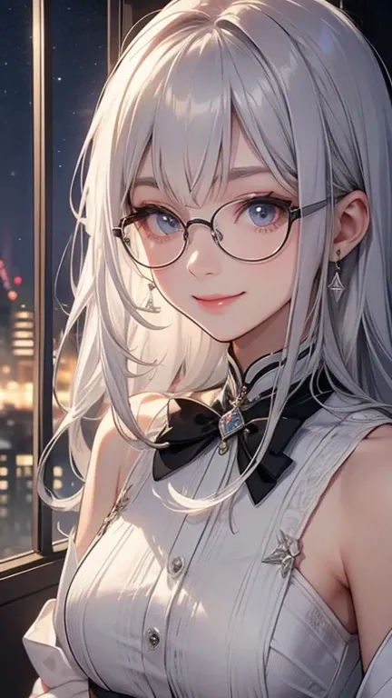  silver haired woman、glasses、smile、indoor、night