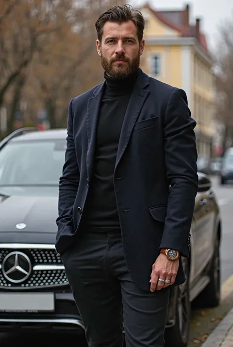 1.80 tall 70 kg dark brown boots black not too tight linen pants black turtleneck sweater black blazer jacket and navy coat A man dressed in a picture let a man with a dirty beard wear a silver ring and a copper colored watch and pose from height in front ...