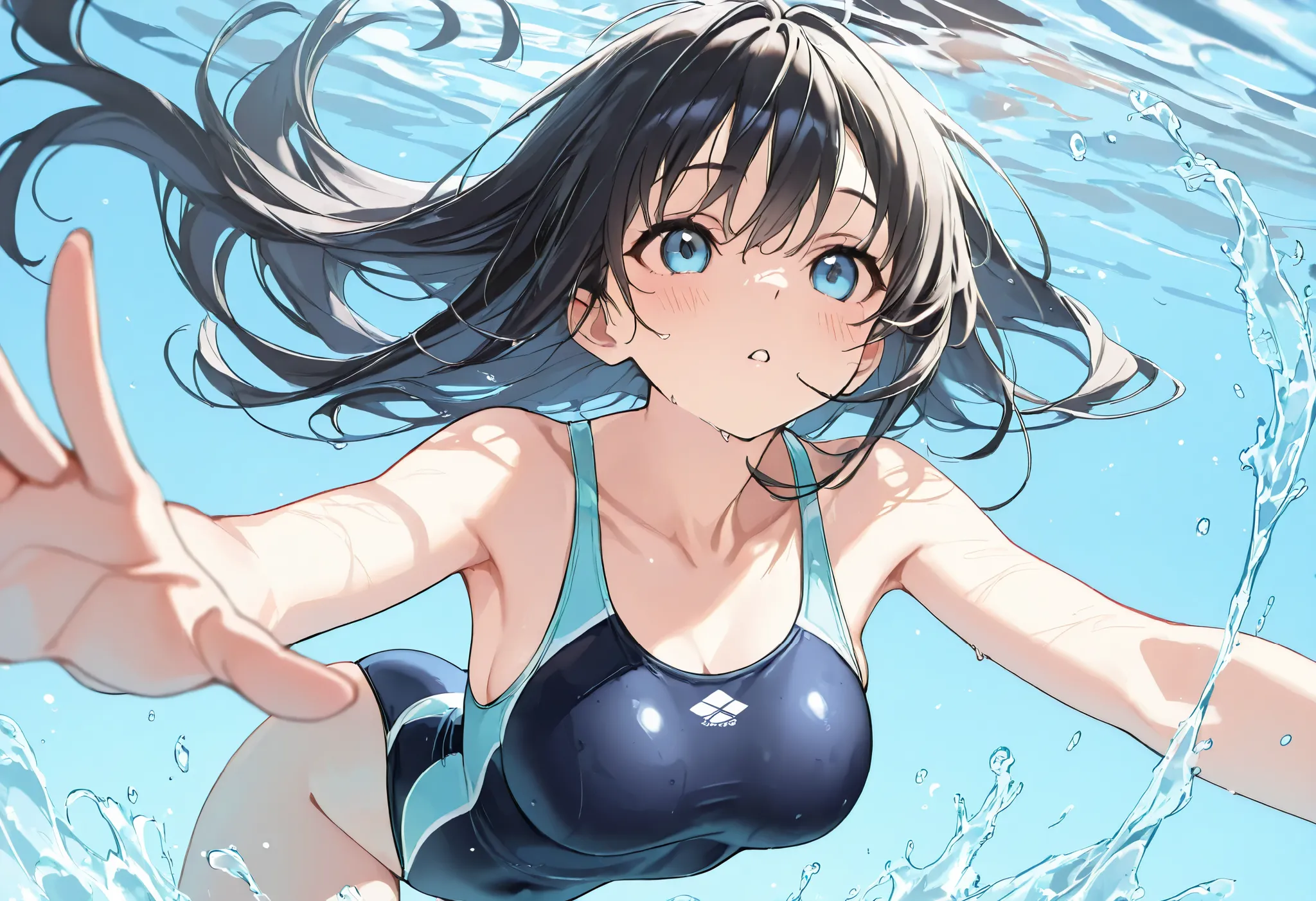  masterpiece,TOP QUALITY, great quality,  very aesthetic, high resolution,  latest, hyper-detailed,  Animated Artwork , one woman,one-piece swimsuit,beautiful eyes,detailed faces, detailed female hands ,In the waterの中で泳いでいる女性,Front ,detailed body, sexy,dyn...